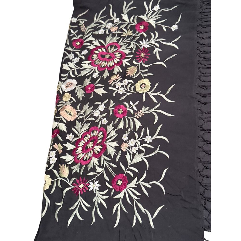Vintage black square scarf wrap heavy embroidery 100% silk long fringe Pakistan - Picture 3 of 6